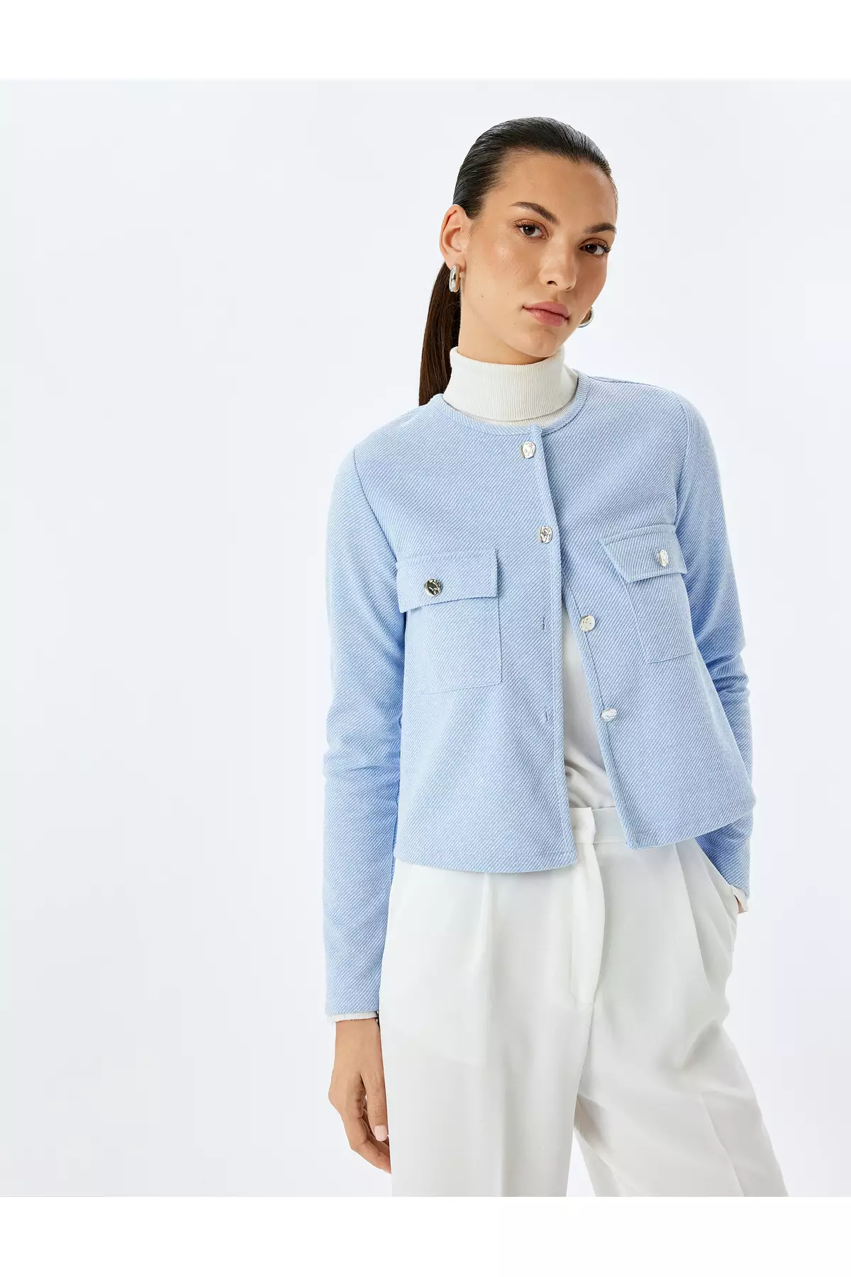 Long Sleeve Round Neck Crop Jacket With Applique Detail