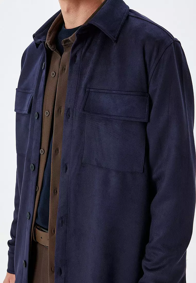Long Sleeve Flap Pocket Detailed Buttoned Faux Suede Shirt Jacket