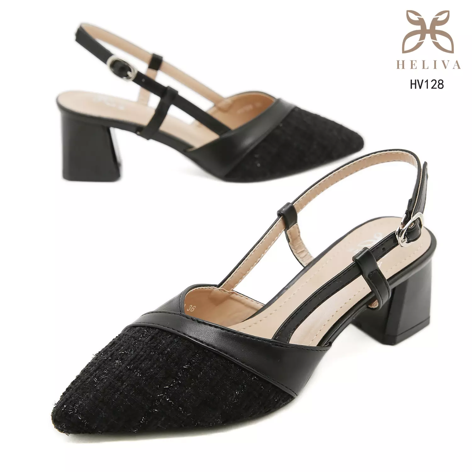 HELIVA MARLENA 5cm Slingback Block Heels Refined Tweed Texture & Classic Pointed Toe HV128