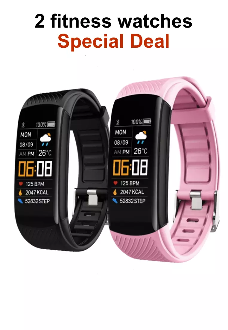 2 IOS/Android Waterproof Fitness SmartWatches, Heart Rate Monitoring, Weather, Clock - Black / Pink
