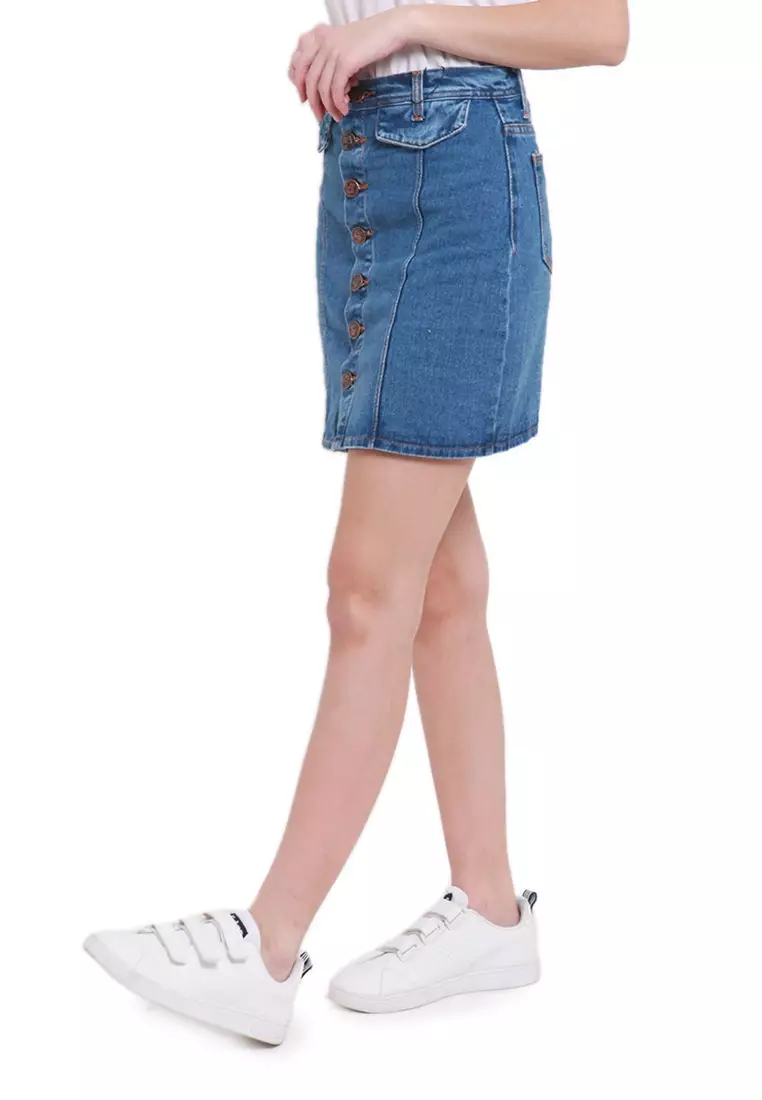 Katty Skirt Mini Jeans Motif Plain Bawahan Wanita Regular Fit - Medium Blue