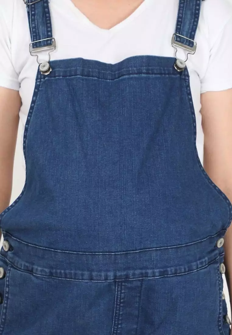 帶側扣藍色孕婦裝牛仔背帶褲