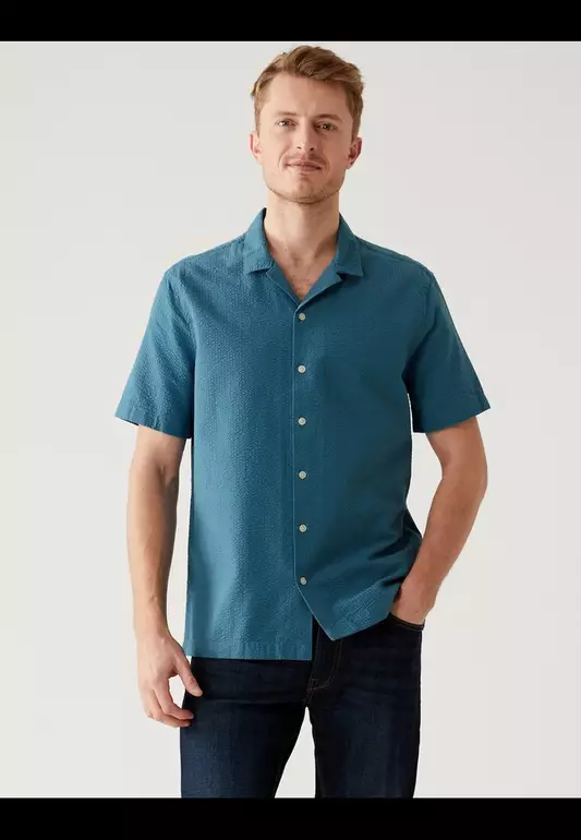 M&S Collection Pure Cotton Seersucker Cuban Collar Shirt