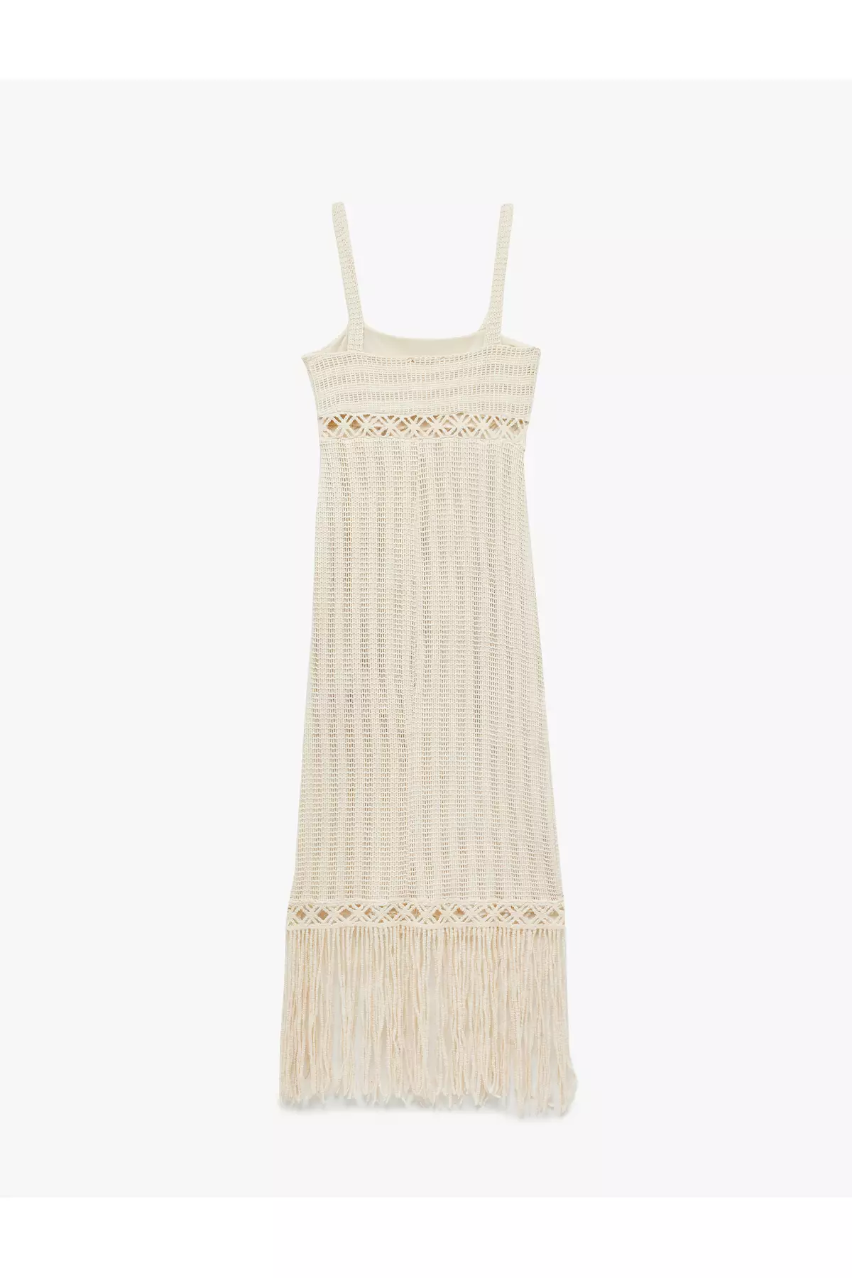 Slim Fit Square Neck Openwork Midi Length Crochet Dress With Tassels Straps