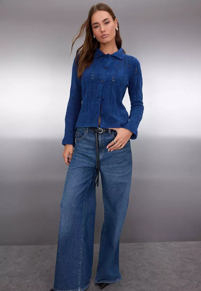 Indigo Fitted/Body-Smoothing Boucle Yarn Knitwear Cardigan Twoaw26Hi00192