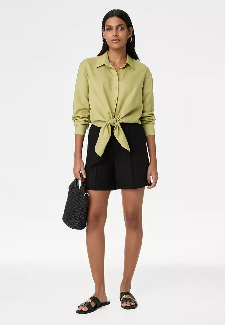 Lyocell Rich Tie Front Shirt With Linen