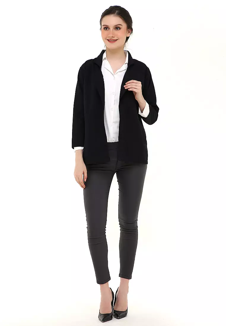 Qemsya Jas Blazer Wanita Long Outer Casual Suit Material Baby Canvas ORIGINAL - Black
