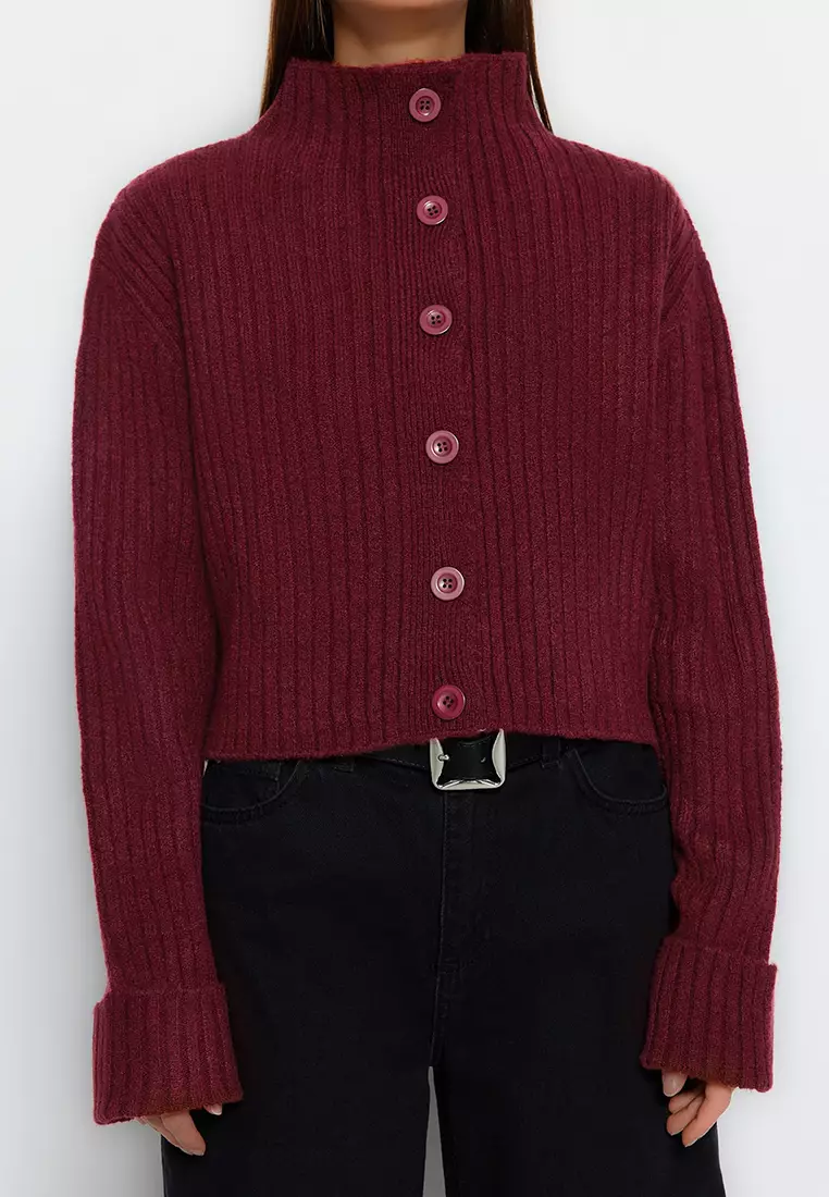 Claret Red Crop Soft Textured Stand Collar Knitwear Cardigan Twoaw22Hi174
