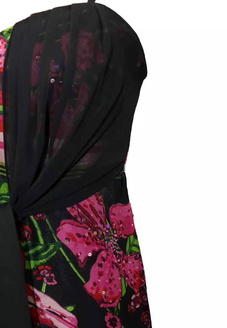 永恆花卉圖案印花釘珠連衣裙