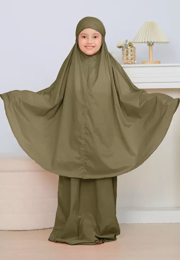 Zalwa Prayer Set | Mukena Travel Polos Resleting 2in1 | Mukena Anak - Green Olive 