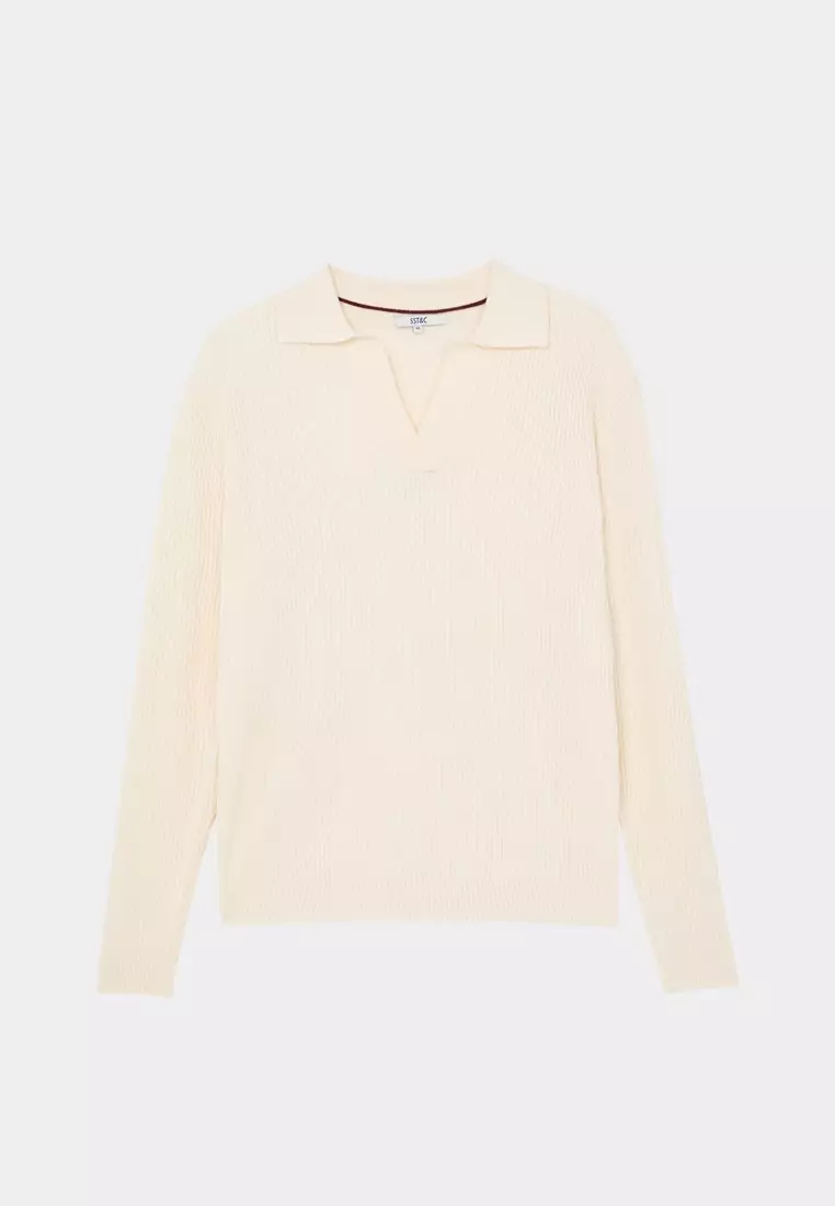 Off-white V-neck Vertical Stripe Textured Knitted Sweater