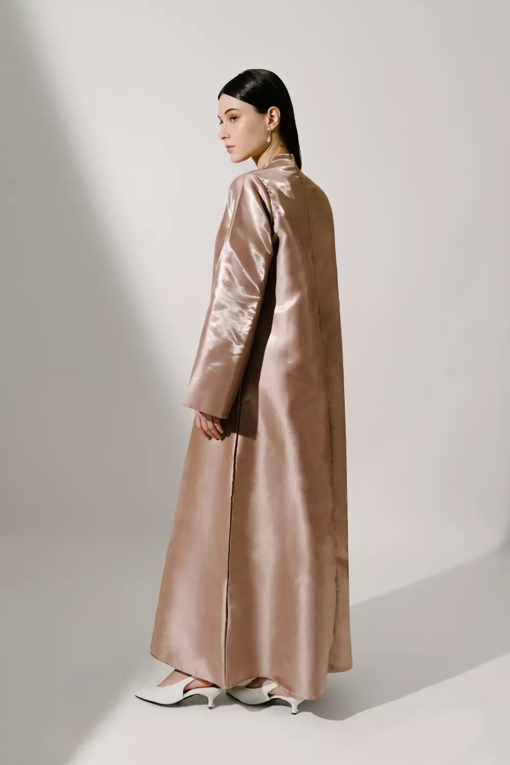 Demure Studio - YARA DRESS IN SHIMMER TAUPE - MODEST DRESS- KAIN MIKADO