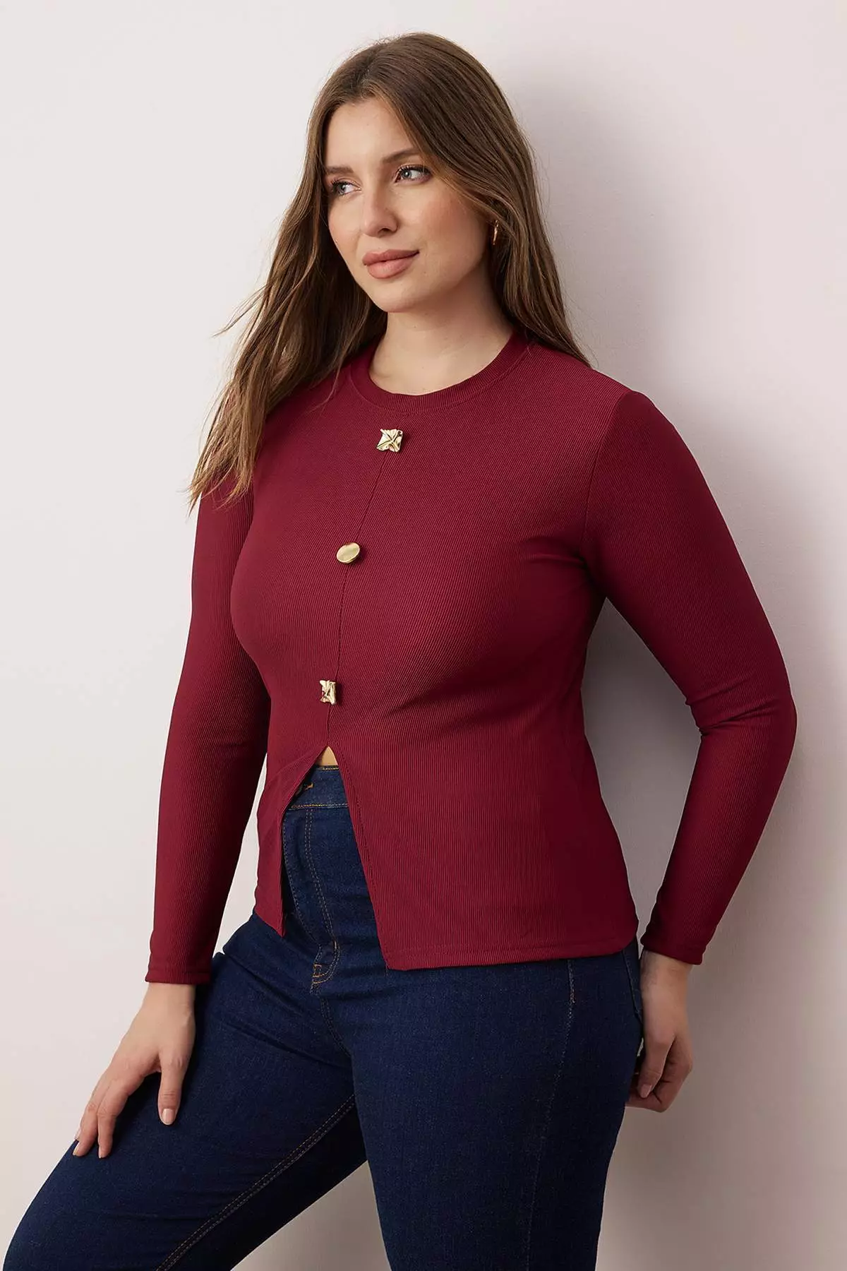 Burgundy Accessory Buttoned Long Sleeve Ribbed Knitted Plus Size Blouse Tbbaw26Af00078