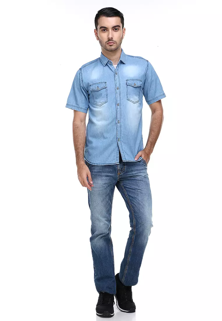 Dwan Casual Shirt Baju Kemeja Jeans Pria Lengan Pendek Material Denim ORIGINAL - Light Blue