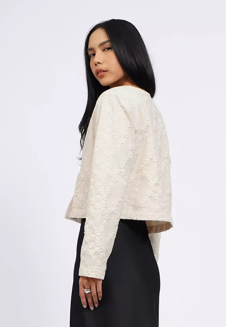 Round Neck Textured Crop Blazer