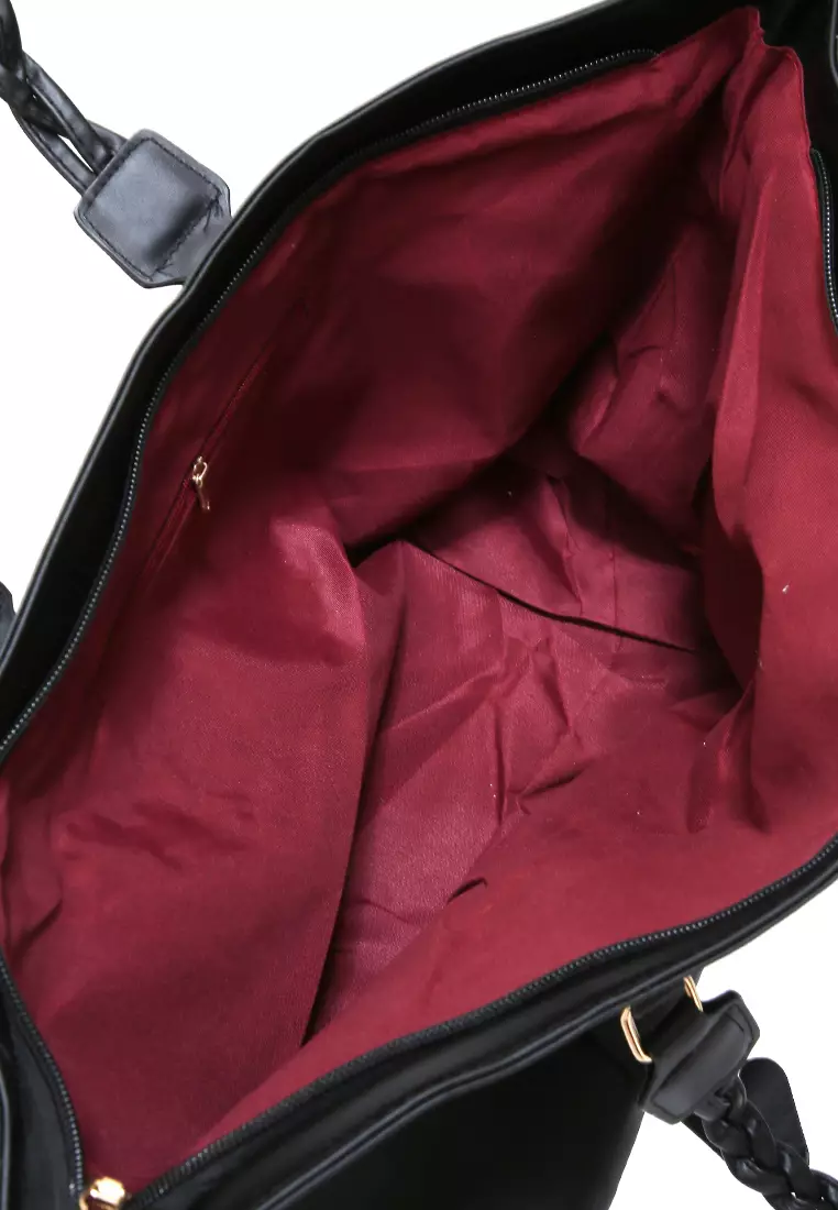 Laura Tote Bag Wanita Tali Desain Kepang Tas Bahu Large Compartment Material Leather ORIGINAL - Black