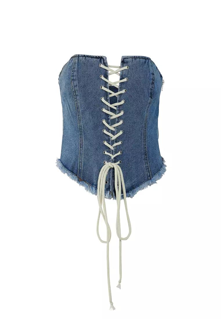 Jeans Blue Lace Up Denim Corset Top