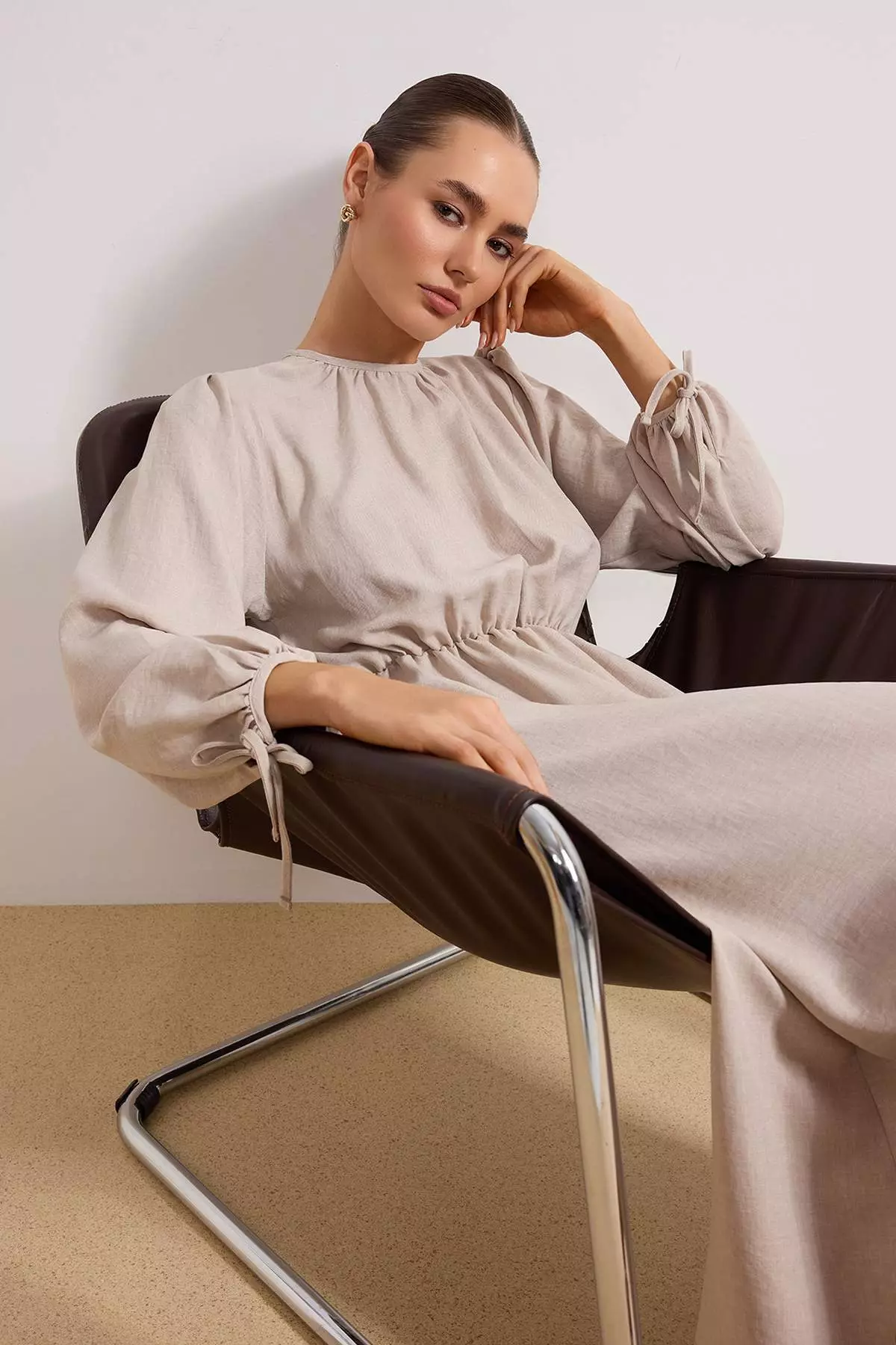 Stone Waist Elastic Woven Linen Look Dress Tctss26Eb00009