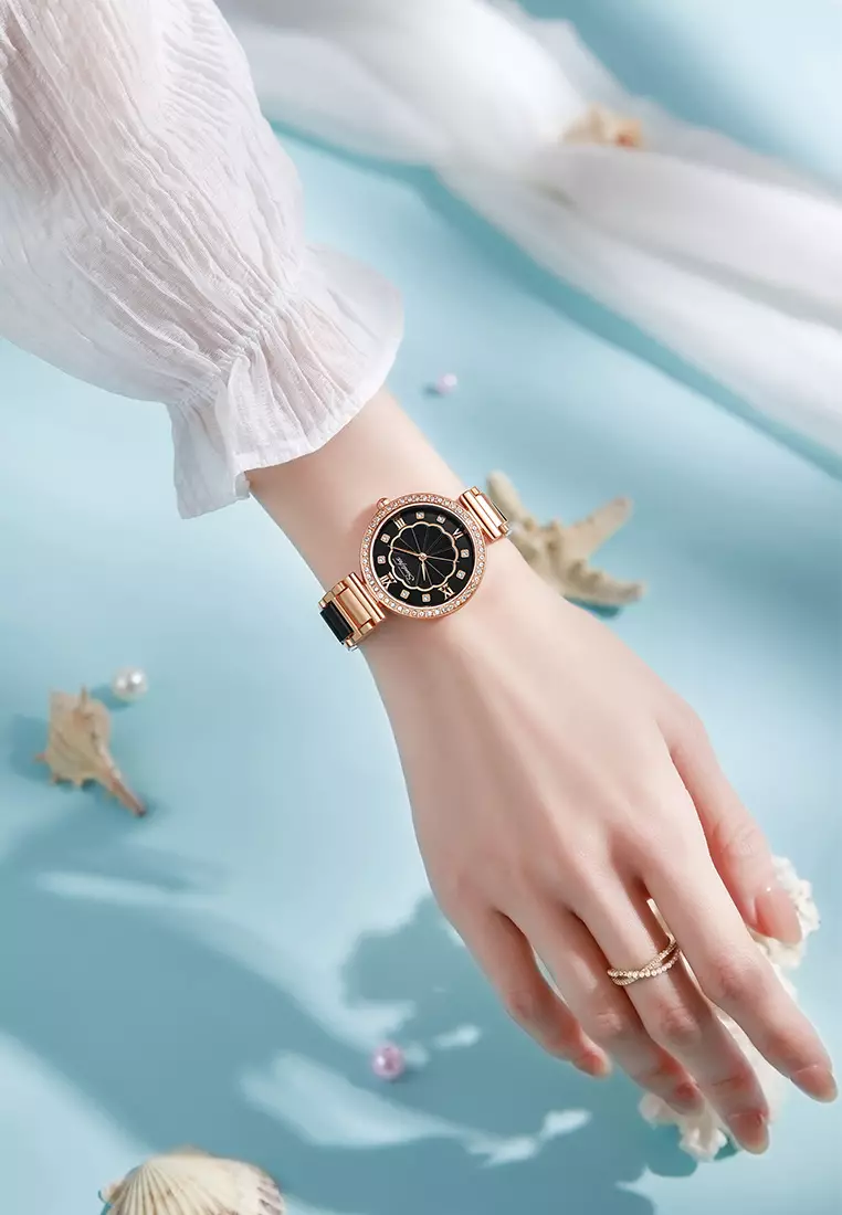 Jam Tangan Wanita 6032 Kuarsa Tali Stainless Steel Berlian Anggun Santai Jam Tangan Cewek black