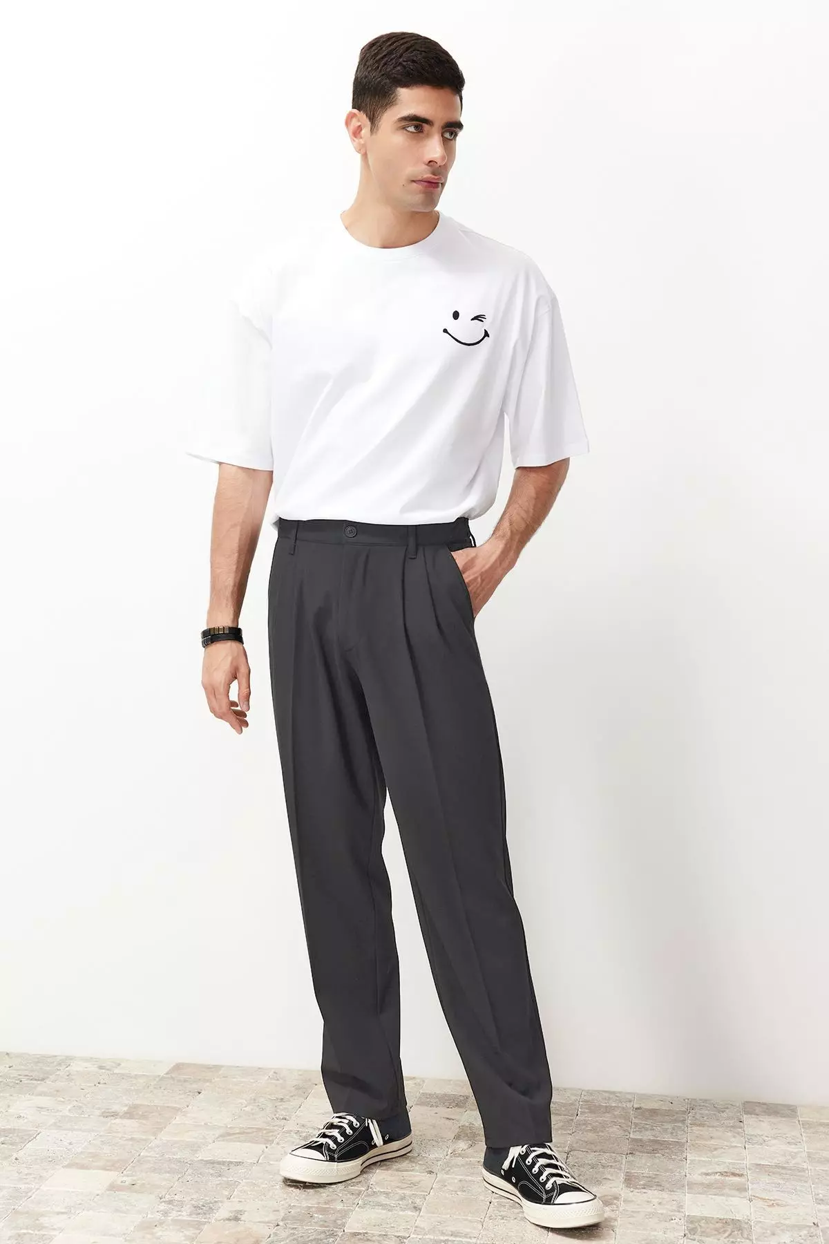 Anthracite Pleated Classic Baggy Fit Fabric Trousers TMNSS24PL00024