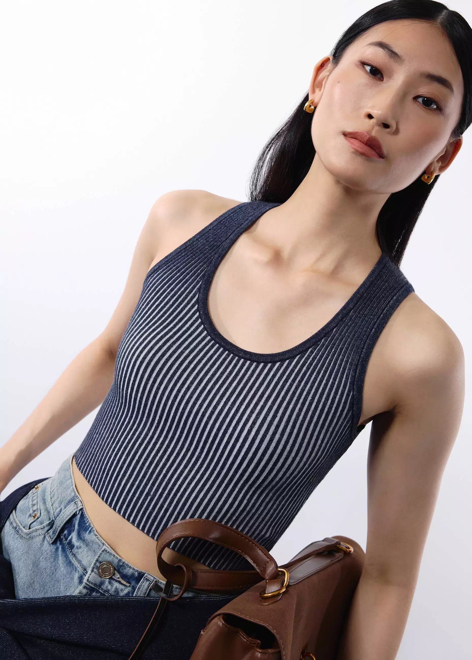 Atasan Wanita - Duo Knit Scoop Neck Crop Tank Top