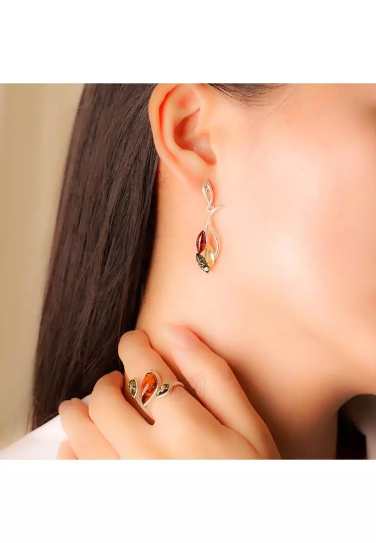 Multifaceted Baltic Amber Leaves of Fall Silver Earrings with 925 Sterling Silver