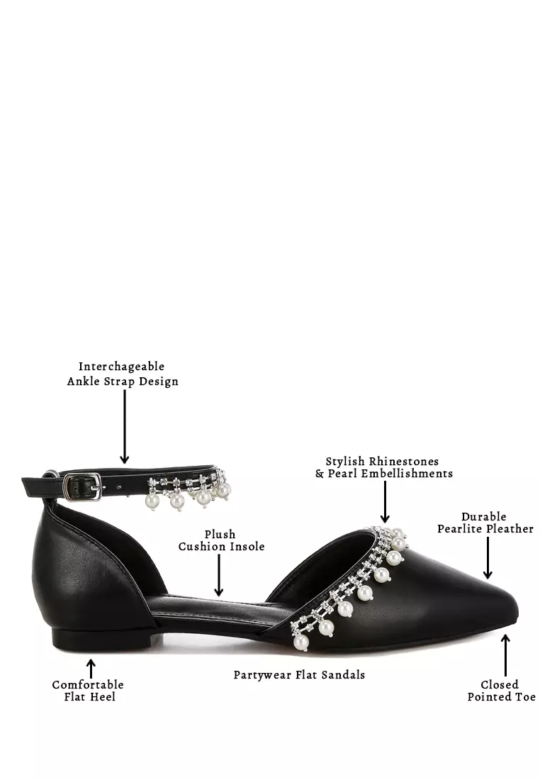 Sandal datar bertali pergelangan kaki dengan berlian imitasi dan mutiara hitam