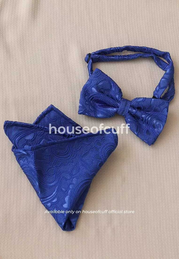 Houseofcuff dasi kupu pria bowtie pocket square jacquard biru motif