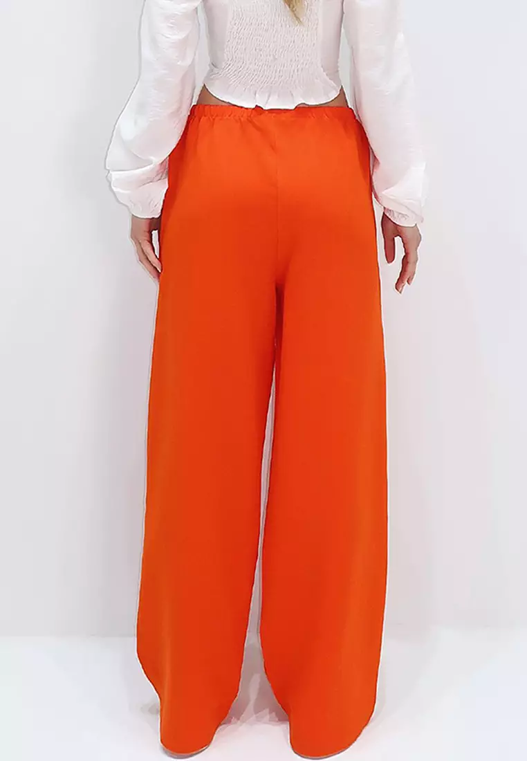 Women's Orange Double Pocket Elastic Waist Linen Wide Leg Pants Alc-X13768