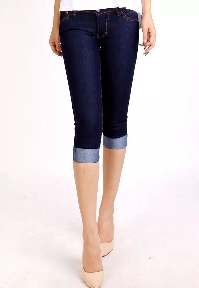 Celana Wanita 7?/?8 Jeans Stretch Mid Waist Kali Lipat Stik Balik - Biru Dongker