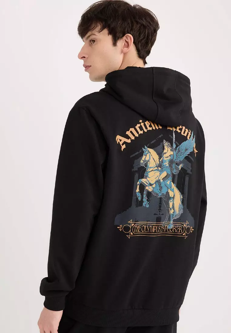 Regular Fit Hooded Back Printed Sweatshirt