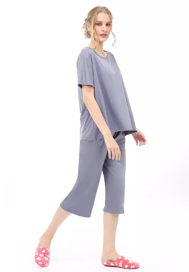 Vance Setelan Piyama Baju Tidur Wanita Celana Pendek 7/8 Material Spandex ORIGINAL - Gray