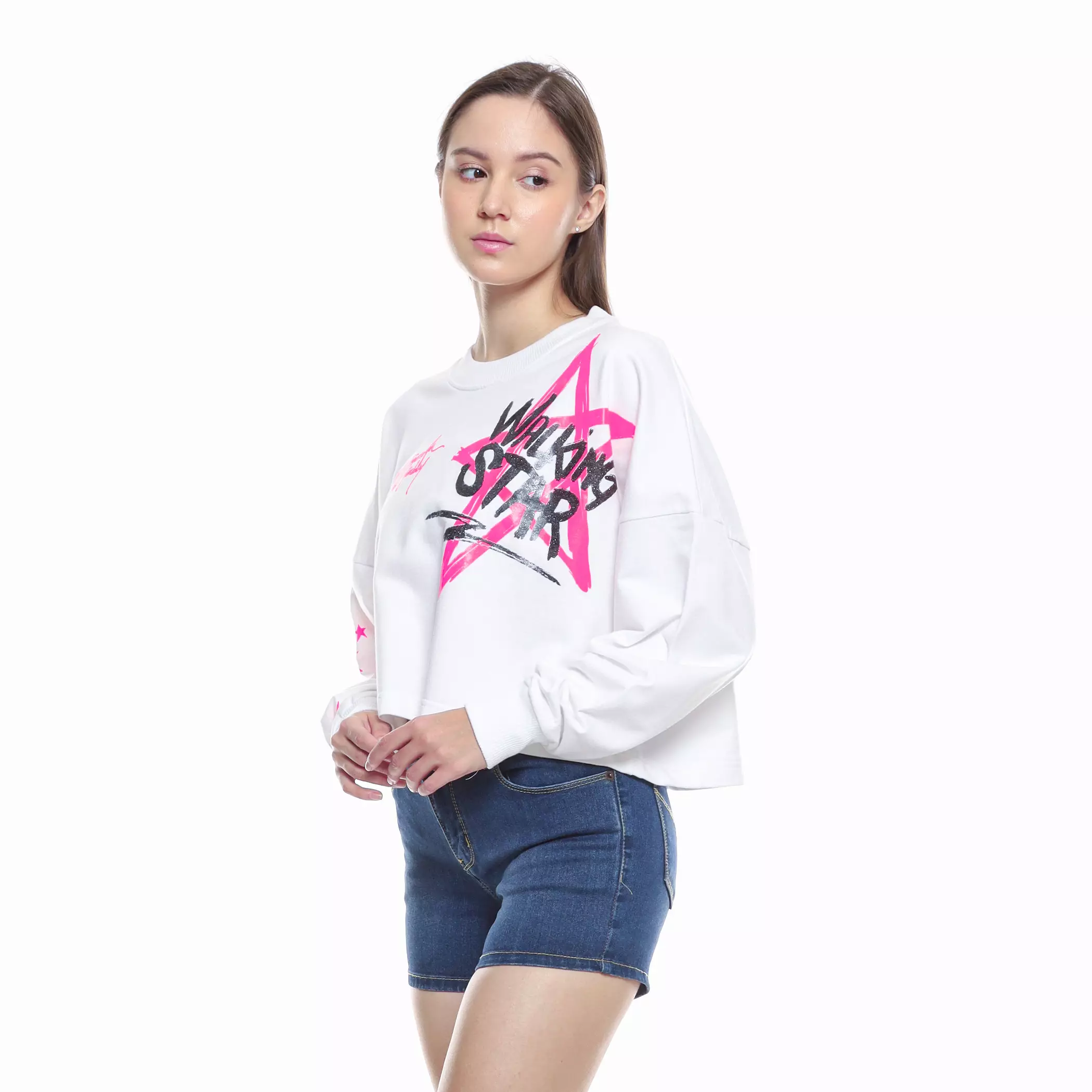 Enough For Today - Sweater Crewneck Crop Oversize Wanita Putih WalkingStar