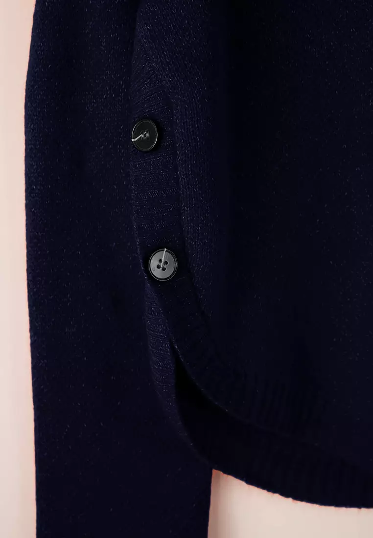Navy Blue Wide-Cut Soft Textured Button Detailed Knitwear Sweater