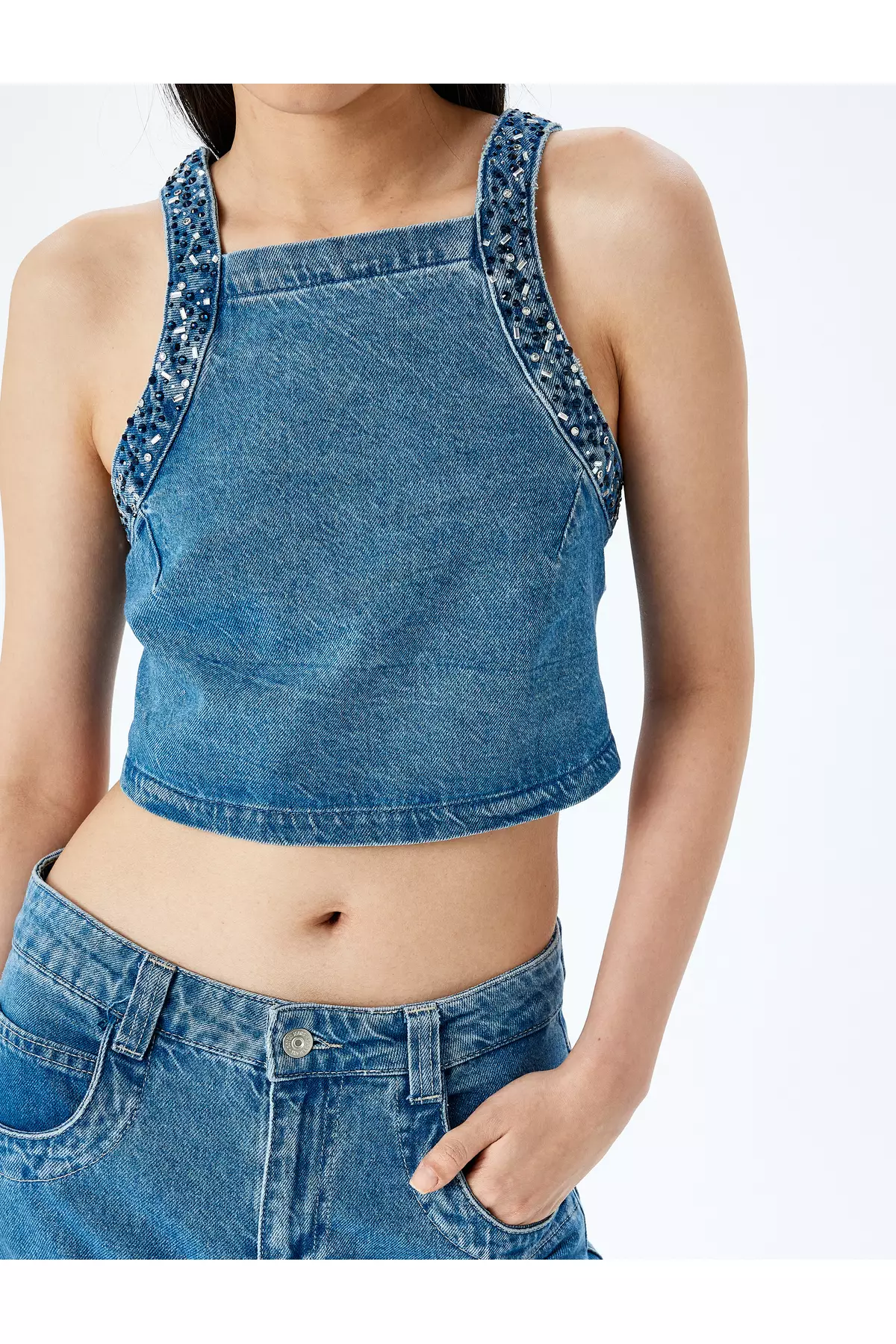 Stone Detailed Back Lace Up Crop Sleeveless Denim Blouse