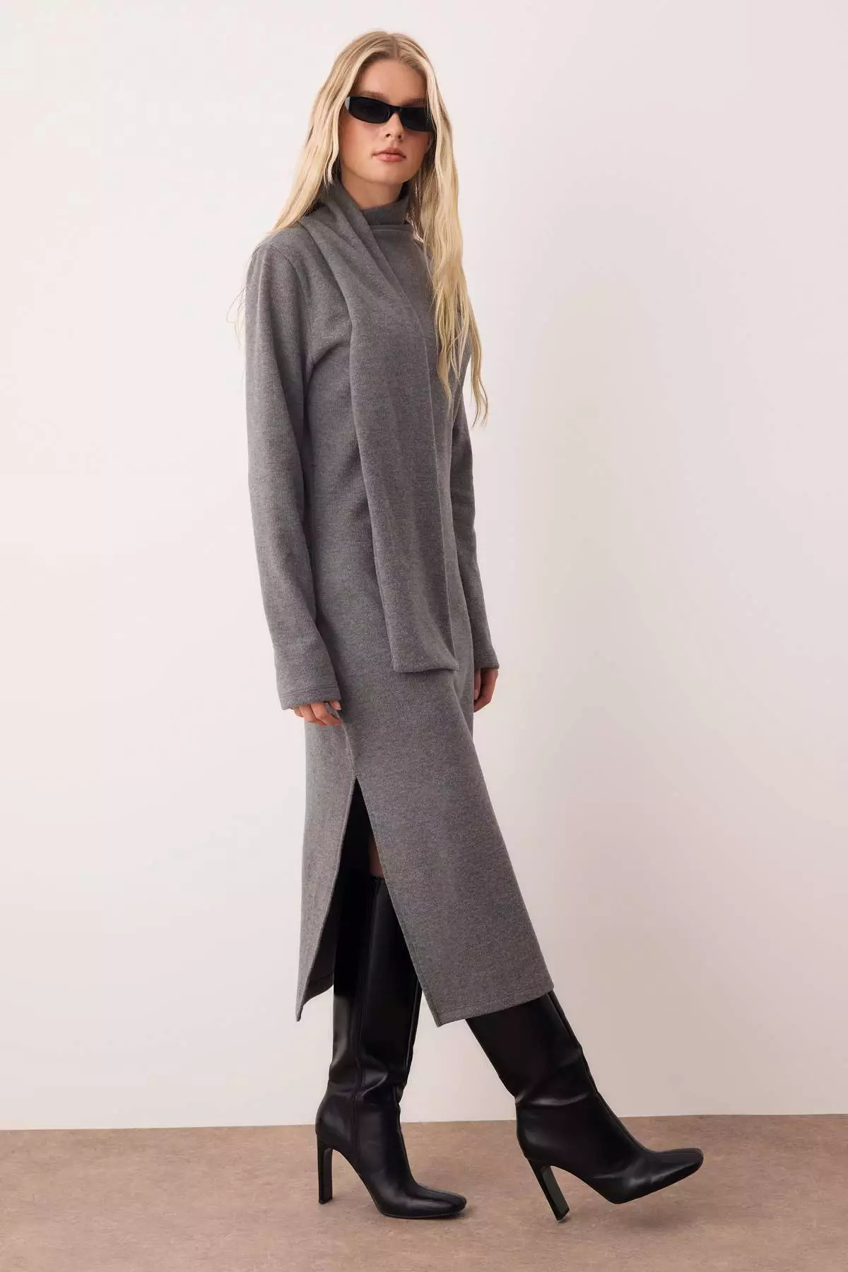 Anthracite Shawl Detailed Selanik/Knitwear Look Bodycon Maxi Knit Dress