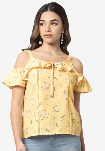 FabAlley yellow Floral Strappy Cold Shoulder Top 38022AA57EBEC9GS_1