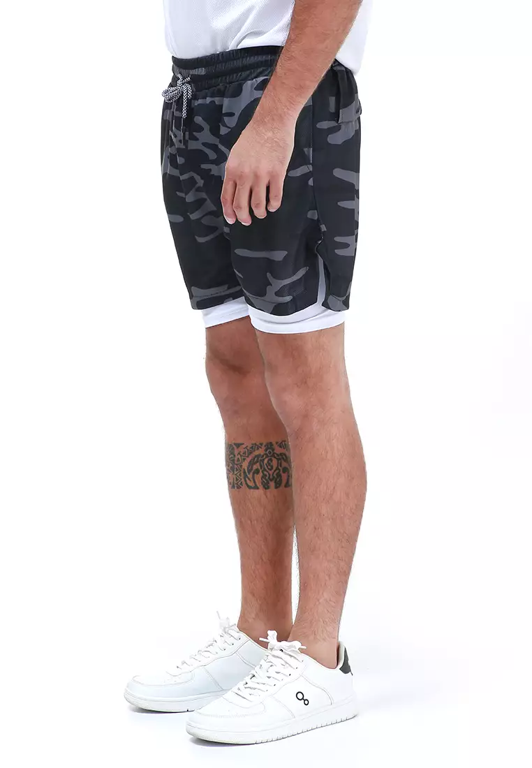 Rishham Celana Pendek Olahraga Gym Pria Double Layer With Towel Holder Material Polyester + Cotton ORIGINAL - Gray