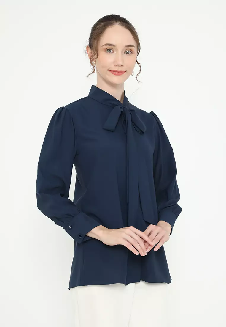 Nimas Plain Blouse With Tape Detail In Navy By Brilliant Girl Warna NAVY