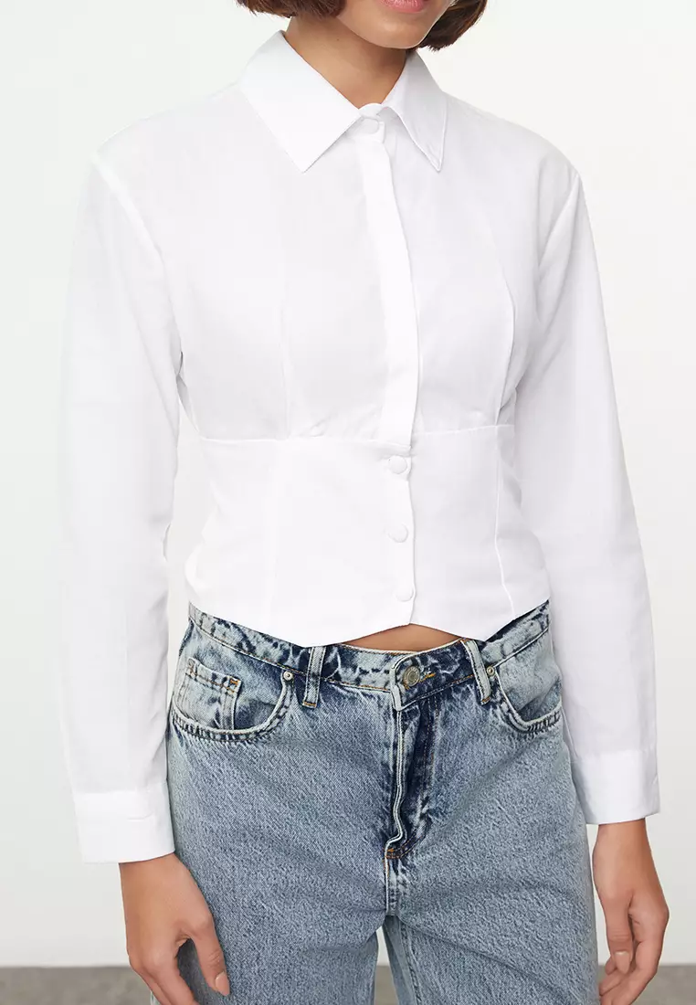 White Waist Fitted Pattern Woven Shirt