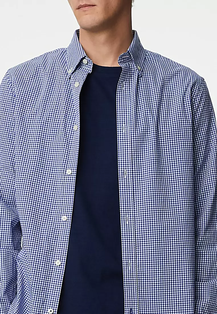 Easy Iron Cotton Stretch Gingham Oxford Shirt