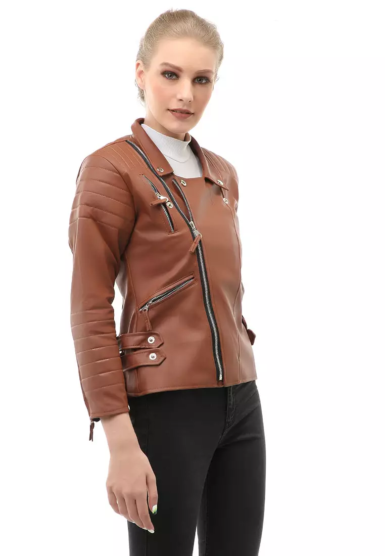 Glenice Jacket Outer Wanita Lengan Panjang Windproof Zipper Pocket Material Leather ORIGINAL - Brown