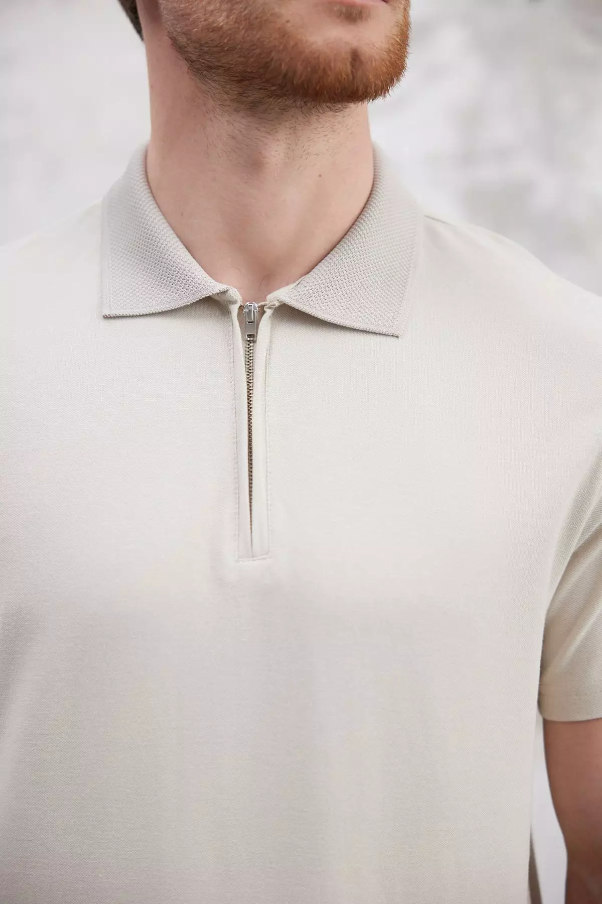 Stone Regular/Normal Cut Zippered 100% Cotton Polo Neck T-Shirt