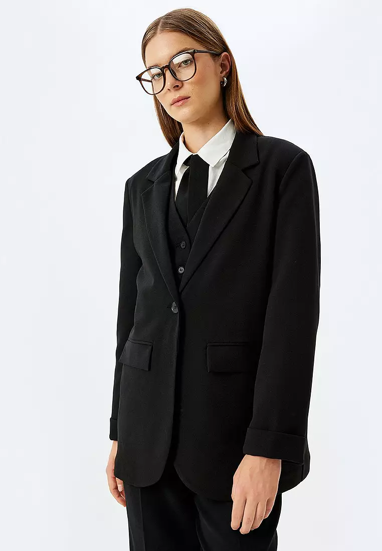 Crepe Scuba Fabric Pocket Double Breasted Blazer Jacket