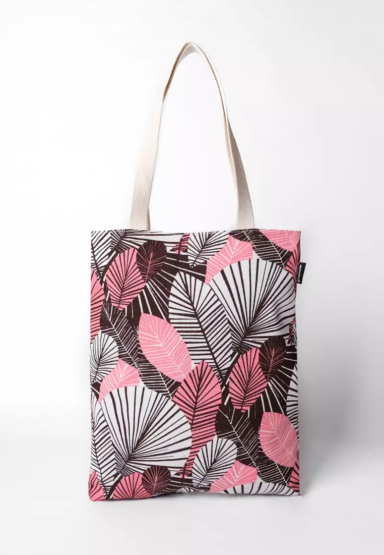 Pamole Tote Bag Wanita Bahan Kanvas Motif Penutup Resleting - Pink Flower