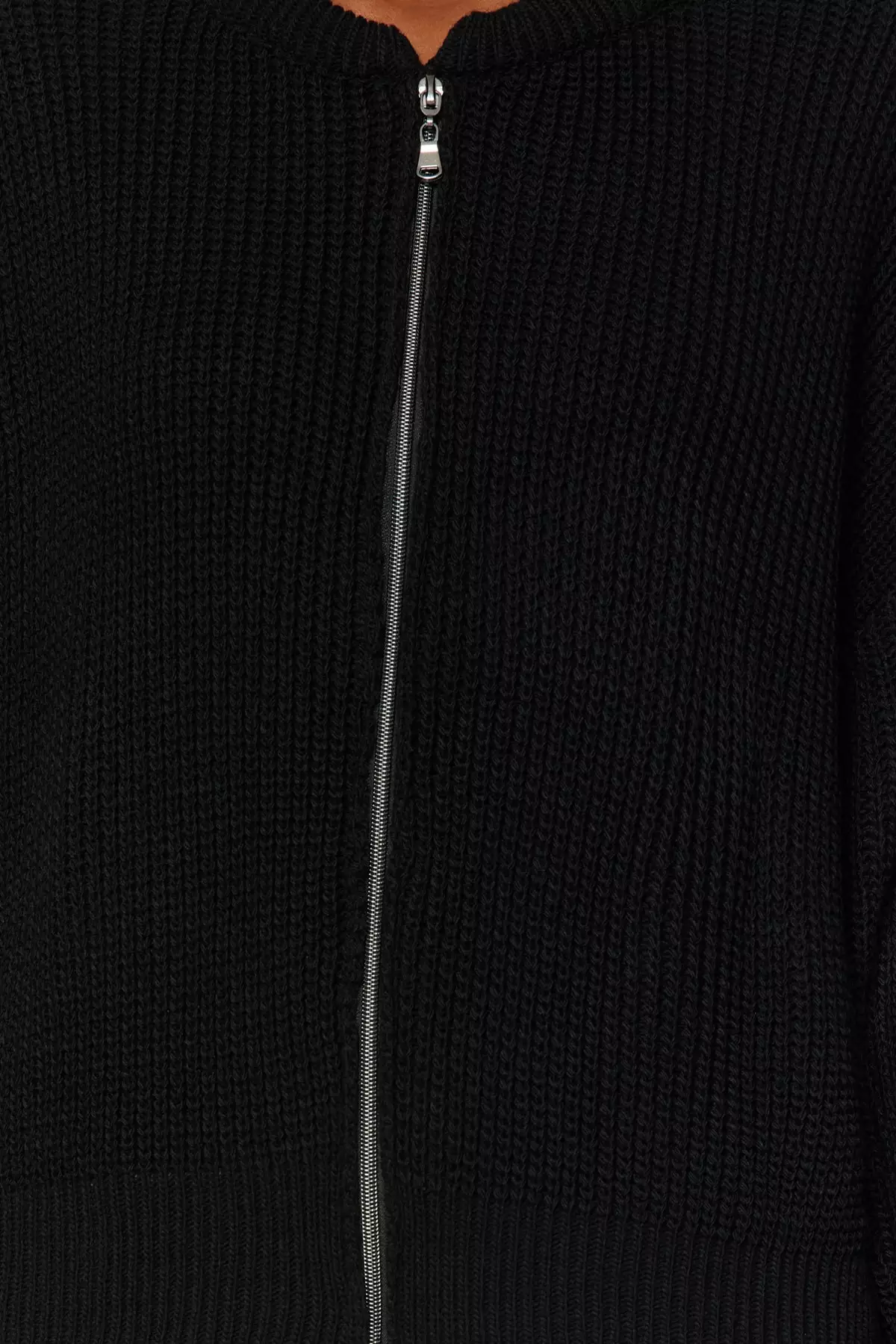 Black Wide Fit Bomber Collar Zippered Knitwear Cardigan Twoaw24Hi00153