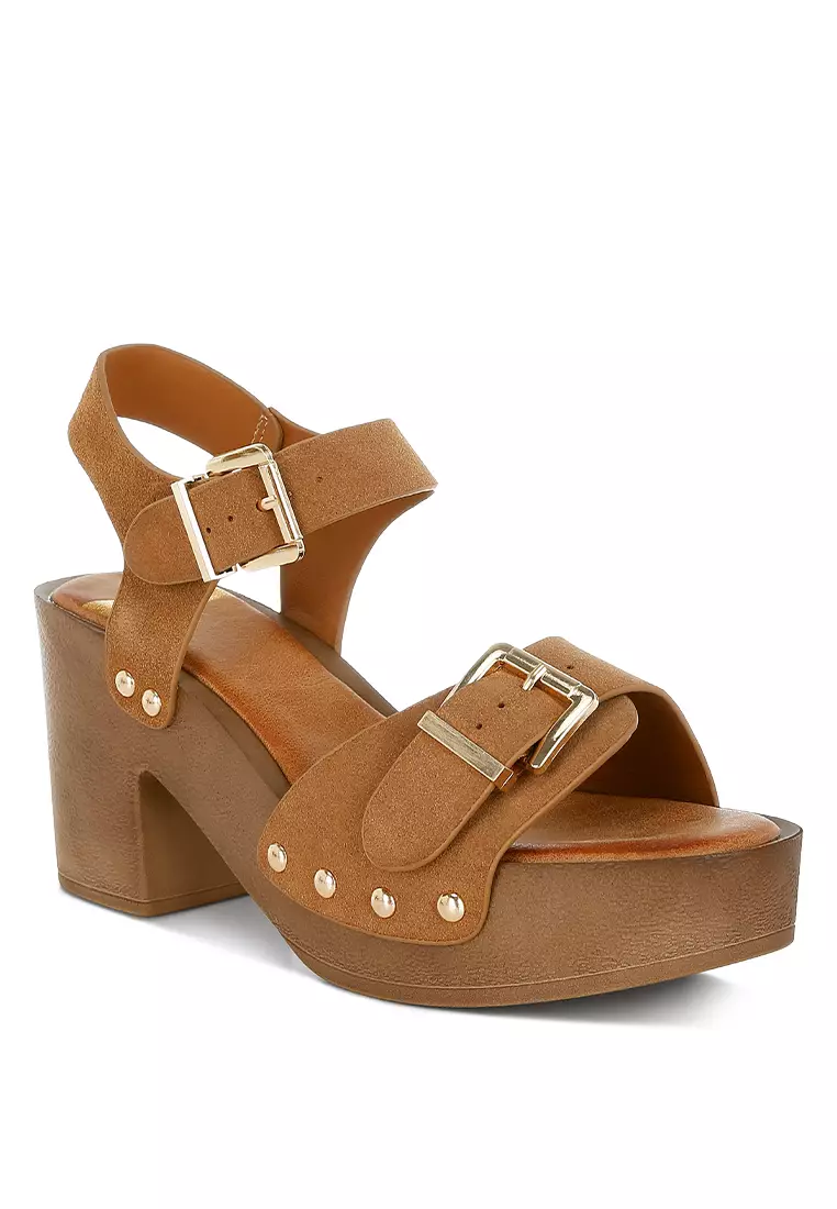 Real Suede Leather Clog Sandals In Tan
