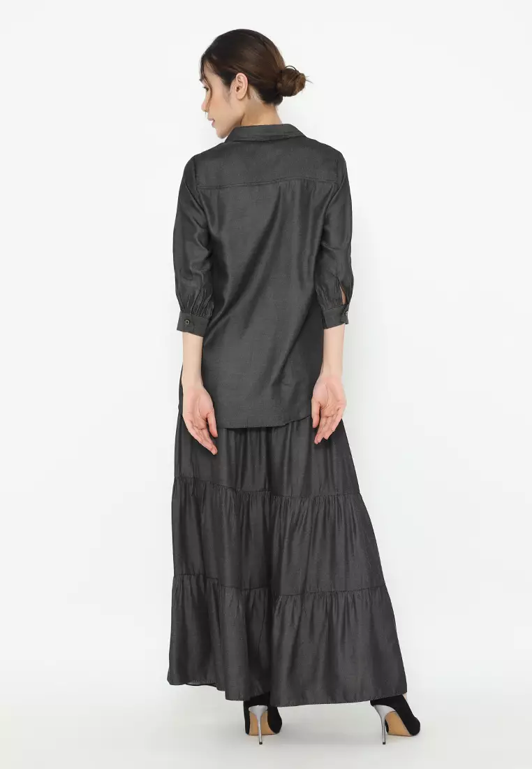 Blouse Soft Denim With V neck In Black By Brilliant Girl Warna HITAM