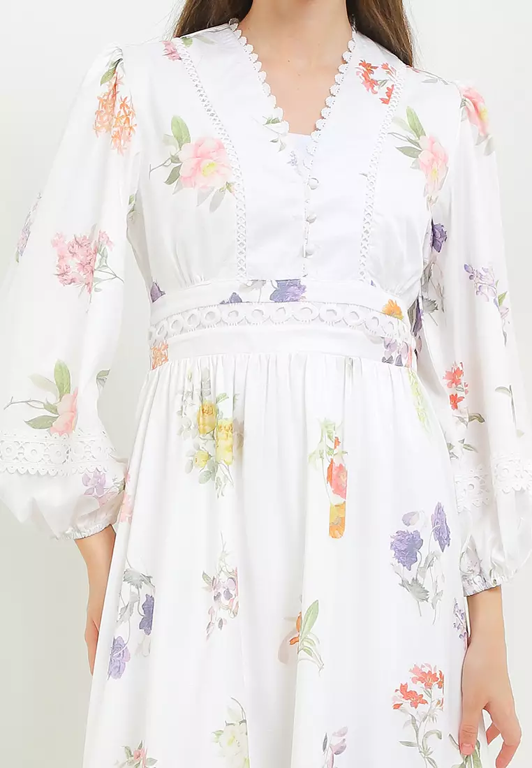 L/S Flo Print Lace Trimmed Tier Maxi Dress