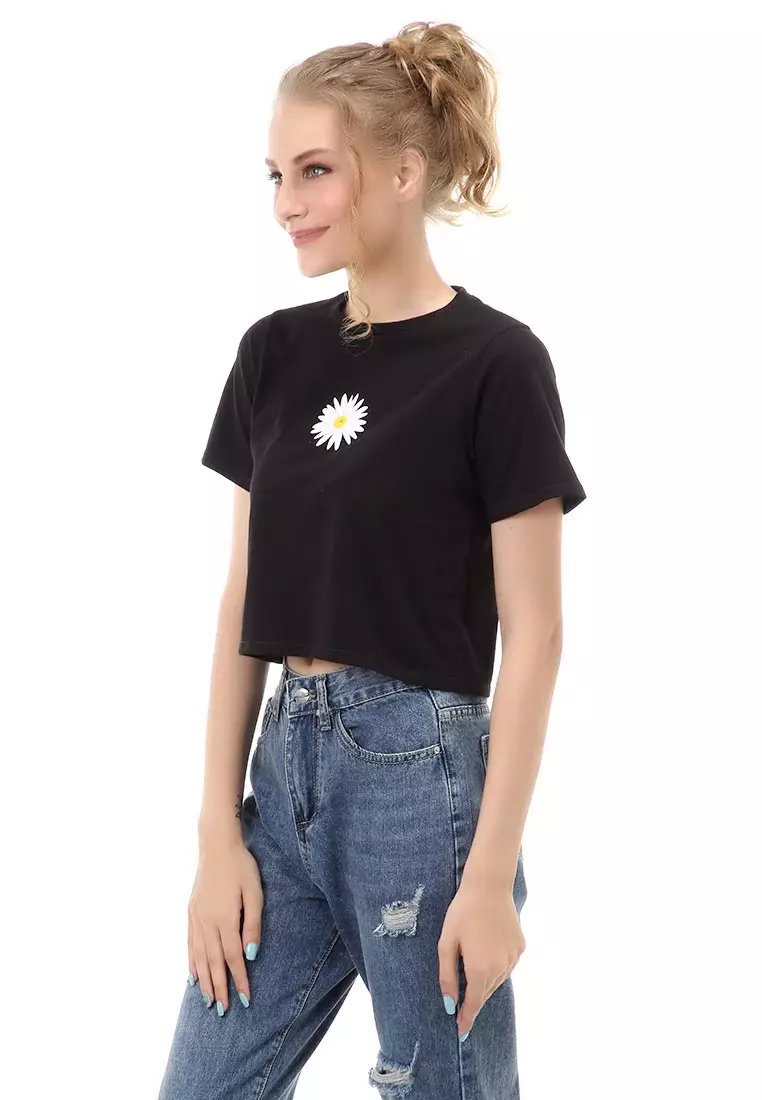 Genevie T-Shirt Kaos Crop Atasan Kasual Wanita Lengan Pendek Material Cotton Combad ORIGINAL - Black